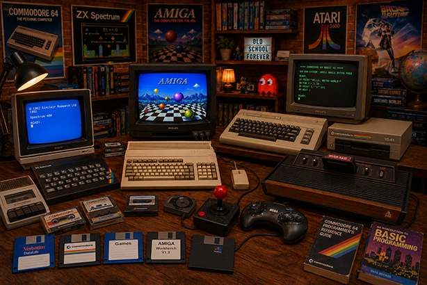 Klassieke computers en consoles met Commodore 64, ZX Spectrum, Amiga, Atari 2600 en retroaccessoires
