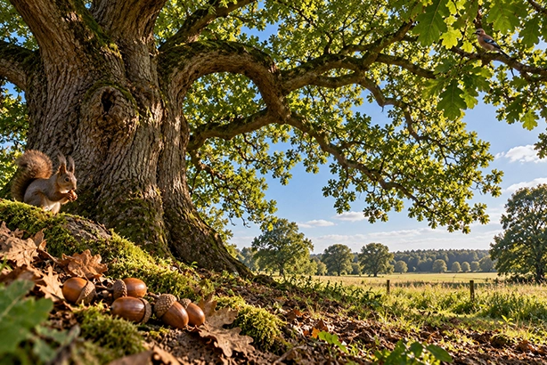 Oude eik vol leven met eikels, eekhoorn en vogel in het Nederlandse landschap