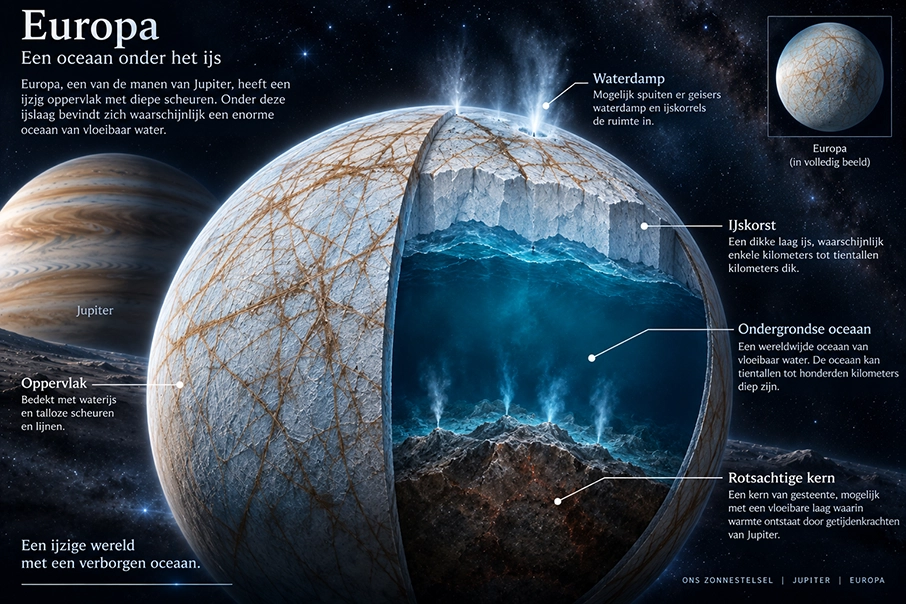 De maan Europa met een oceaan onder het ijzige oppervlak