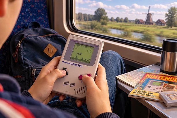 Speler gebruikt een Nintendo Game Boy tijdens een treinreis