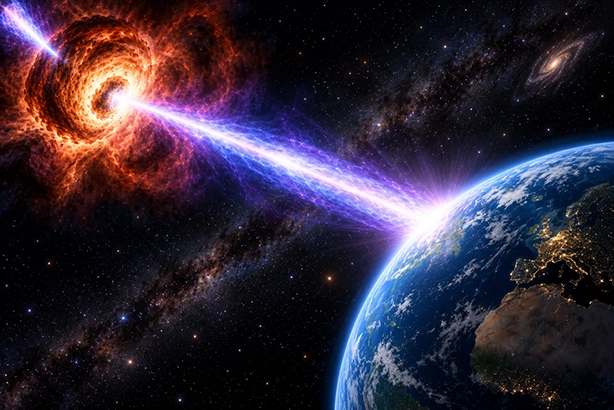 Artistieke voorstelling van een gamma-ray burst met een krachtige straal gericht op de aarde