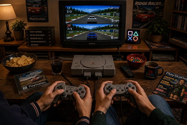 Twee spelers gamen samen een retro racegame op een PlayStation met klassieke controllers voor een CRT-televisie