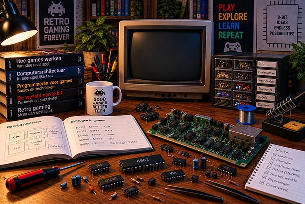 Printplaat met chips en elektronische componenten op een retro computerwerkplek