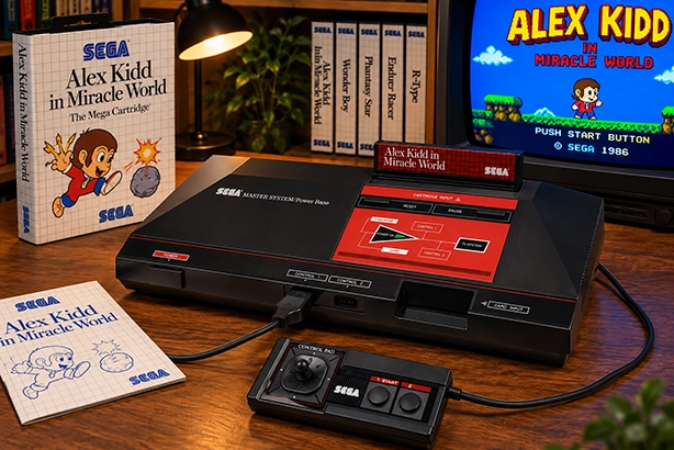 SEGA Master System met Alex Kidd-cartridge en controller op een houten tafel, met Alex Kidd op een Philips CRT-televisie