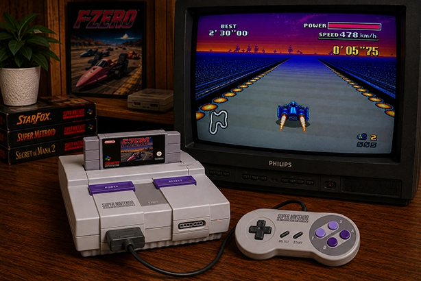 Super Nintendo met F-Zero-cartridge en controller op een houten tafel, met F-Zero op een Philips CRT-televisie