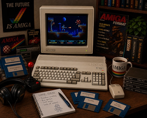 Amiga 500 op een houten bureau met retro CRT-monitor, pixelgame op het scherm, diskettes, joystick, koptelefoon en Amiga-accessoires