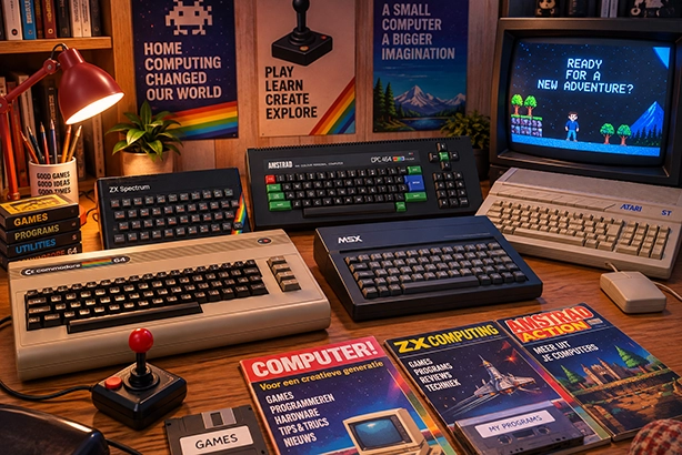 Klassieke computers zoals de Commodore 64, ZX Spectrum, Amstrad CPC 464, MSX en Atari ST in een retro computeromgeving
