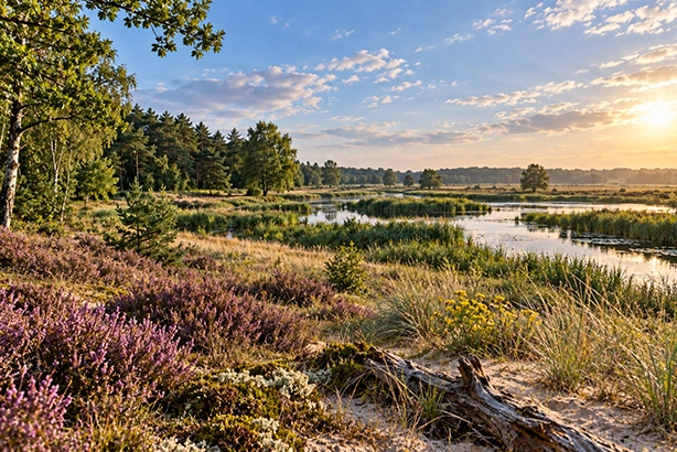 Gevarieerd Nederlands natuurgebied met heide, bos, grasland en water bij warm avondlicht