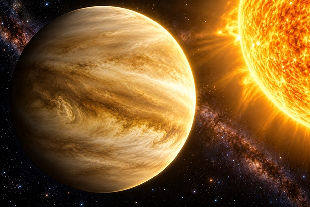 Venus met zijn dichte wolkendek in de ruimte