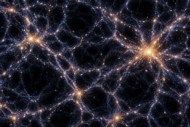 Illustratie van het kosmische web met filamenten, sterrenstelselclusters en grote lege gebieden in het heelal