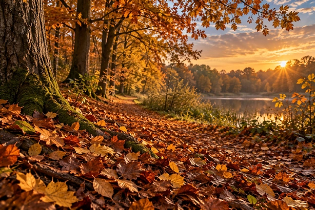 Herfstbos met gevallen bladeren langs een meer in Nederland
