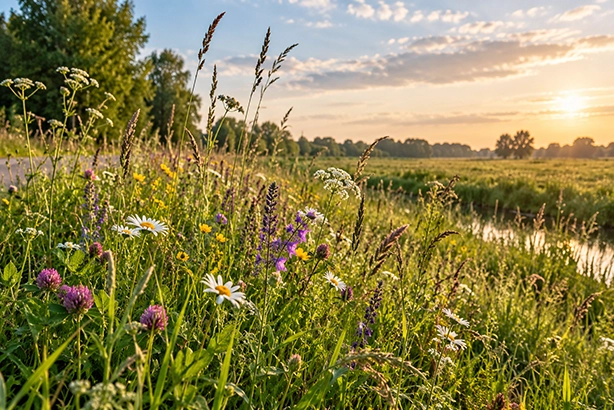 Grasrijke berm met wilde kruiden en bloemen in een zonnig Nederlands landschap
