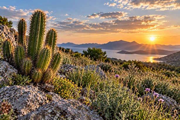Planten en cactussen overleven in een droog rotsachtig landschap aan zee