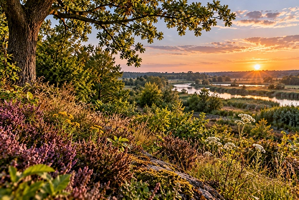 Rijk Nederlands natuurlandschap met bomen, bloemen, grassen en water