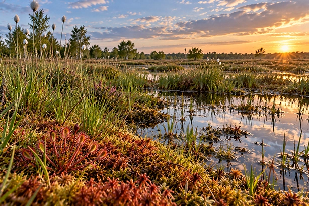 Veenlandschap met veenmos, zonnedauw en natte begroeiing bij zonsondergang