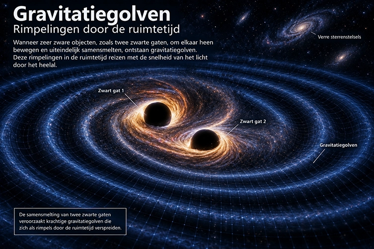 Illustratie van twee zwarte gaten die om elkaar heen draaien en gravitatiegolven door de ruimtetijd veroorzaken