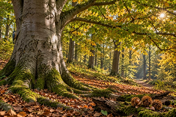 Oude beuk met gladde stam en mosrijke wortels in een zonnig Nederlands beukenbos in de herfst