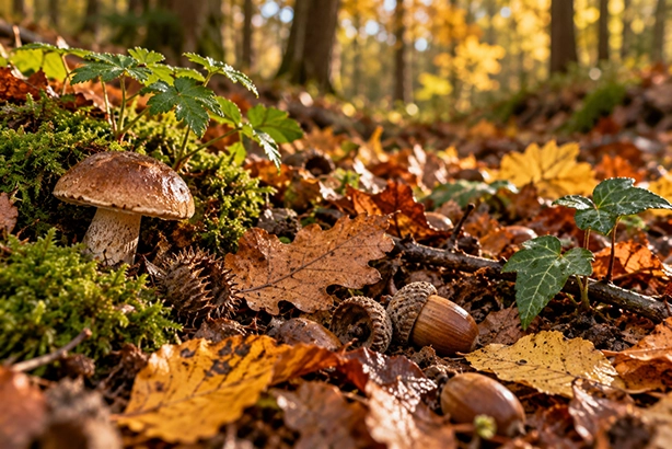 Bosbodem in de herfst met gevallen bladeren, eikels, mos en jonge planten