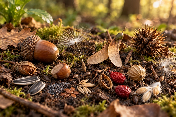 Verschillende soorten zaden en zaaddozen op een natuurlijke bosbodem