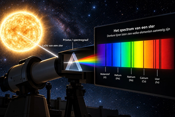 Illustratie van sterrenlicht dat met een spectrograaf wordt opgesplitst in een spectrum met donkere absorptielijnen