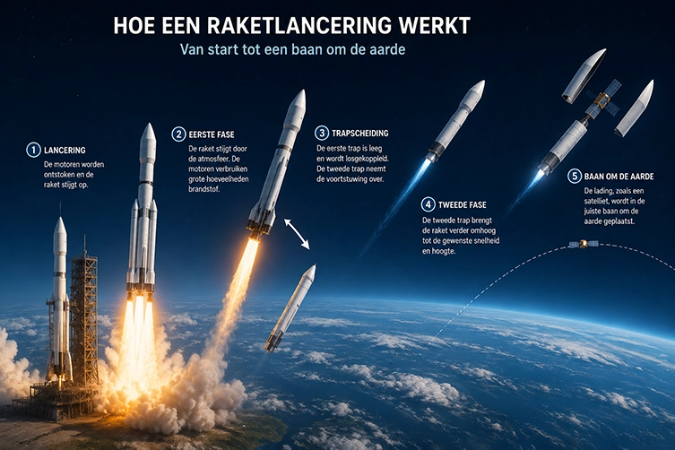 Infographic die laat zien hoe een raketlancering werkt met verschillende rakettrappen van lancering tot een baan om de aarde.
