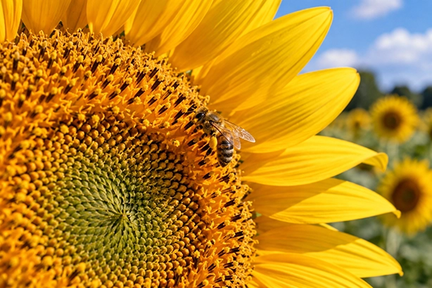 Bij verzamelt nectar tussen de kleine bloemen van een zonnebloem