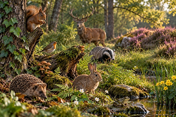 Dieren in een gevarieerd Nederlands natuurlandschap met bos, beek, heide, gras en oude bomen