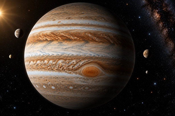 De planeet Jupiter met zijn karakteristieke wolkenbanden en Grote Rode Vlek