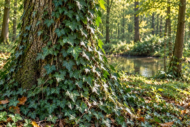 limop groeit dicht tegen een oude boomstam in een Nederlands bos