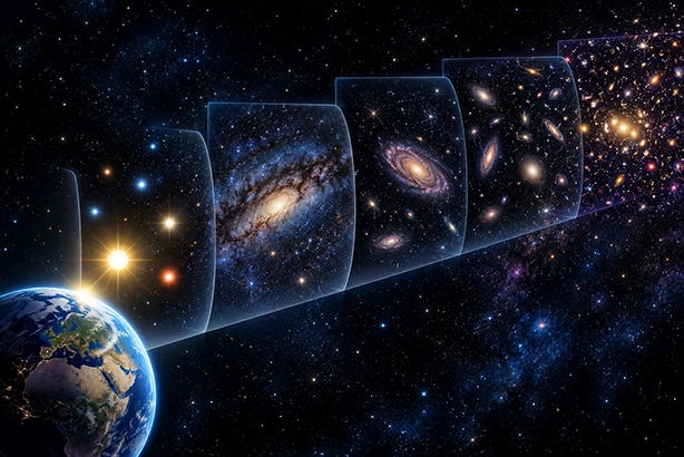 Illustratie van de kosmische afstandsladder, van de aarde en nabije sterren tot verre sterrenstelsels