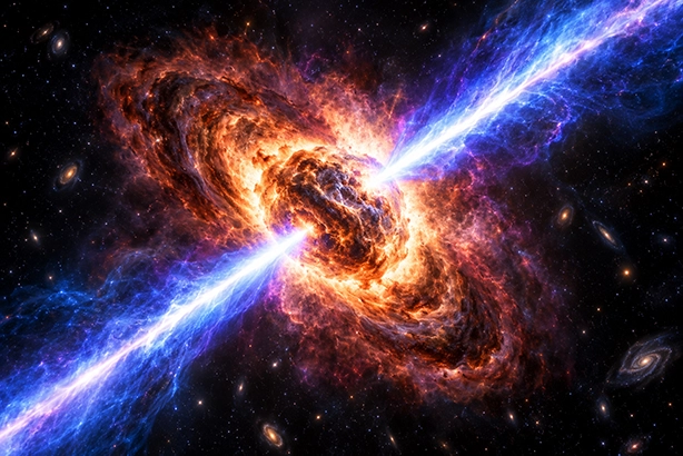 Gamma-ray burst met krachtige jets die vanuit een instortende ster de ruimte in schieten