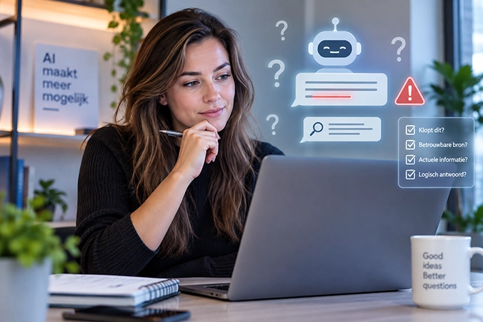 Vrouw controleert AI-informatie op een laptop en denkt kritisch na over de betrouwbaarheid van het antwoord