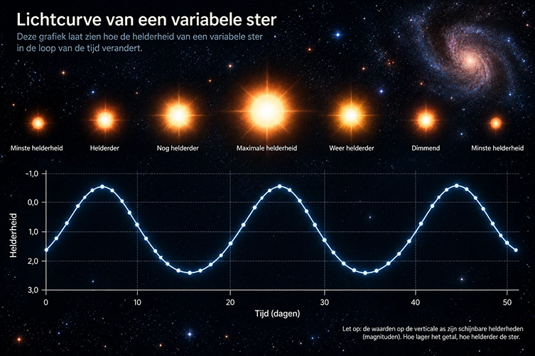 Lichtcurve die laat zien hoe de helderheid van een variabele ster in de tijd verandert
