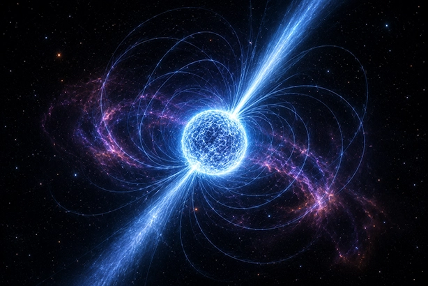 Neutronenster met krachtige magnetische velden en stralingsbundels in de diepe ruimte