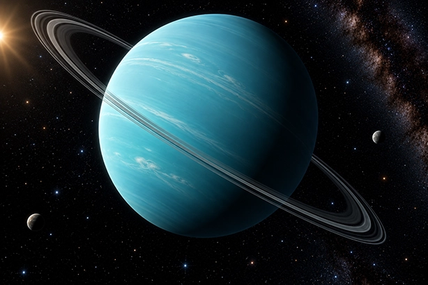 De blauwgroene planeet Uranus met zijn dunne ringen in de ruimte