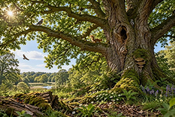 Oude boom met brede kroon en holle stam in een groen natuurlandschap met vogels en andere dieren