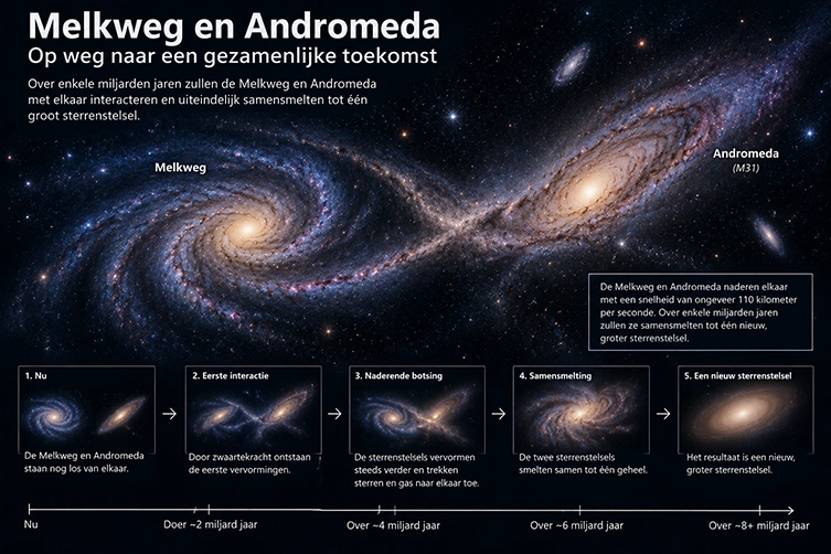 Illustratie van de toekomstige ontmoeting en samensmelting van de Melkweg en Andromeda