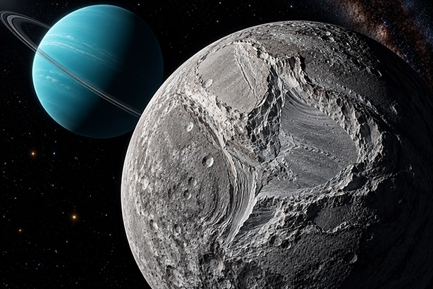 Het grillige oppervlak van de maan Miranda bij Uranus