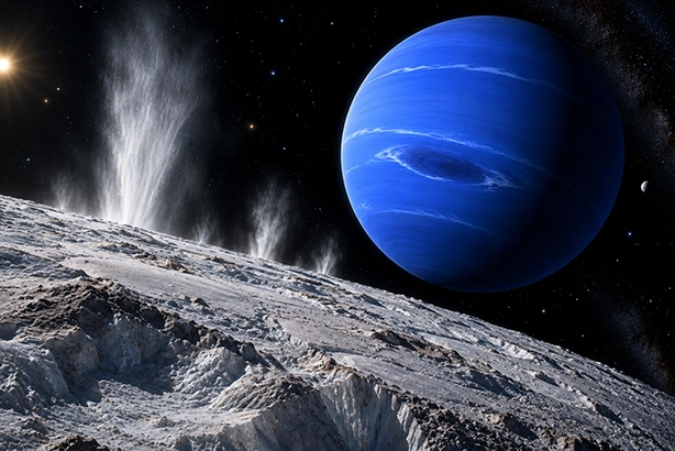 De maan Triton met ijsgeisers en Neptunus op de achtergrond