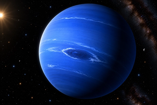 De blauwe planeet Neptunus in de verre ruimte