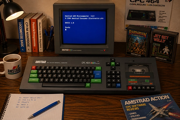 Amstrad CPC 464 thuiscomputer met CRT-monitor en BASIC-scherm