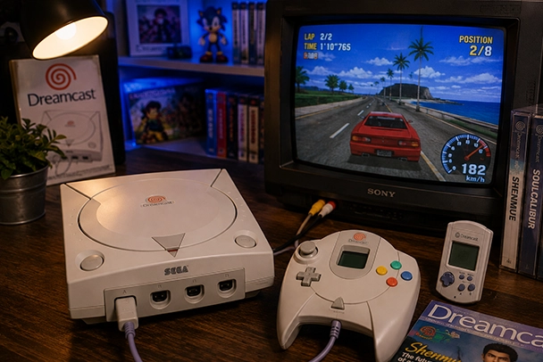 Sega Dreamcast met controller en VMU voor een CRT-televisie waarop een retro racegame wordt gespeeld.