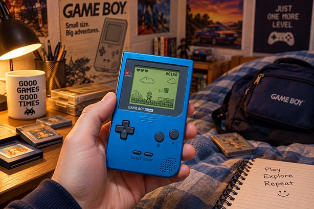 Blauwe Nintendo Game Boy Pocket in de hand in een sfeervolle jaren-90 gamekamer