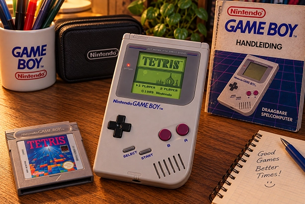 Originele Nintendo Game Boy met Tetris op het scherm op een houten bureau, met een losse Tetris-cartridge en Game Boy-handleiding