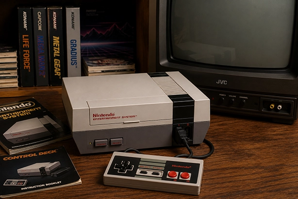 Nintendo Entertainment System met controller en uitgeschakelde CRT-televisie op een houten bureau, met NES-handleidingen op de achtergrond