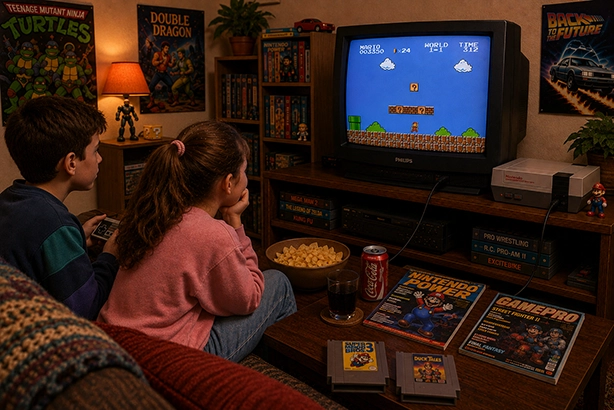 “Twee kinderen spelen samen een Nintendo NES met Mario op een CRT-televisie in een sfeervolle retro woonkamer
