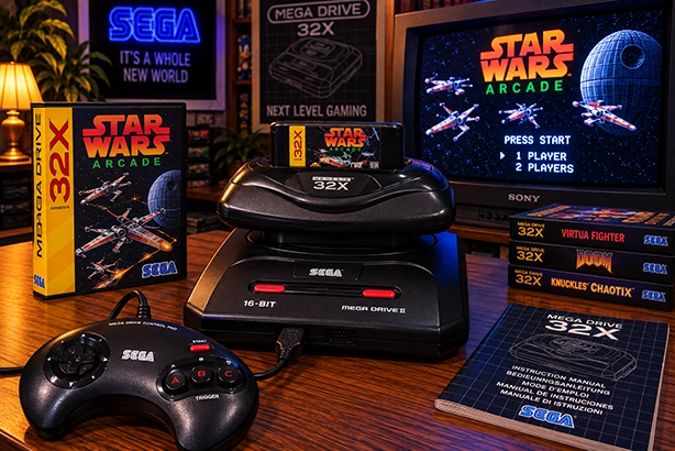 Sega Mega Drive II met 32X en Star Wars Arcade-cartridge, controller en CRT-televisie in een retro gamerkamer