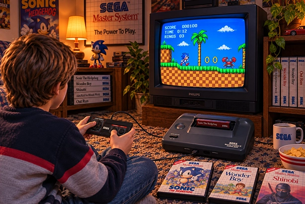 Jongere speelt Sonic op een Sega Master System II met originele controller voor een Philips CRT-televisie