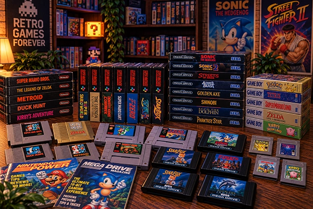 Verzameling klassieke games, cartridges en gameboeken uit de jaren 80 en 90 op een houten tafel