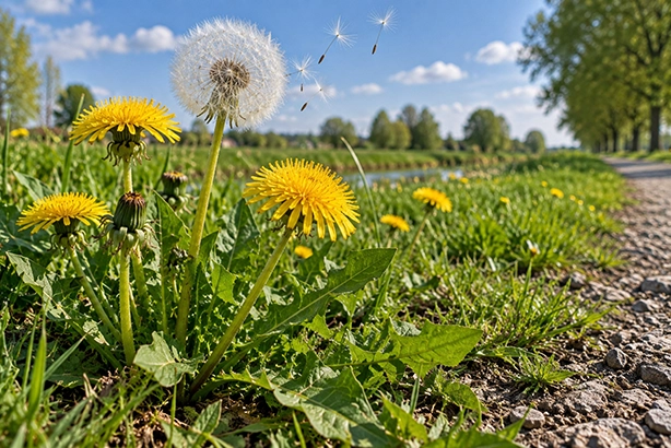 Paardenbloemen langs een Nederlands wandelpad in het voorjaar